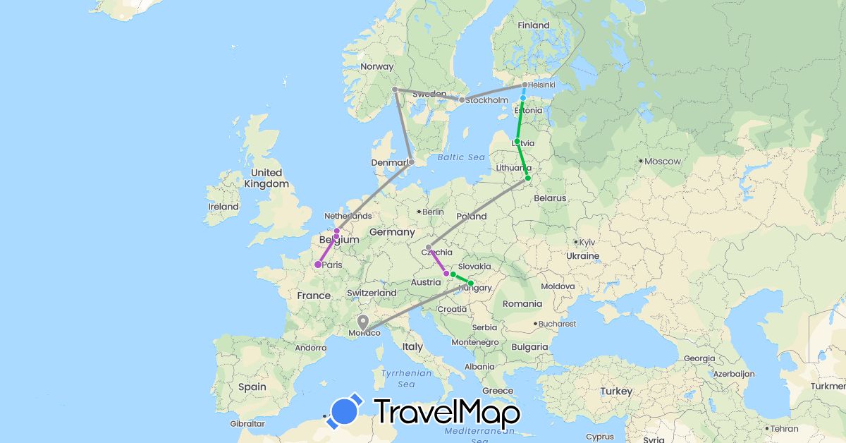TravelMap itinerary: driving, bus, plane, train, boat in Austria, Belgium, Czech Republic, Denmark, Estonia, Finland, France, Hungary, Lithuania, Latvia, Norway, Sweden, Slovakia (Europe)